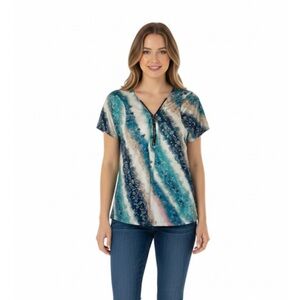Marble Print Zipper Versatile Top, Women’s L, Blue White Multicolor